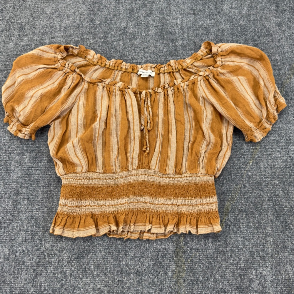 American Eagle Striped Smocked Waist Peasant Top Brown Size S